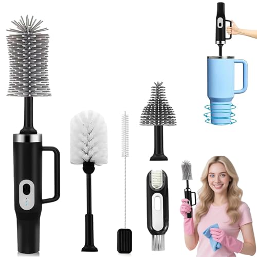 5 in 1 Electric Bottle Brush Cleaner Compatible Stanley Bottle Brush Straw Cleaner Multifunction Rechargeable IPX6 Waterproof Extra Long Design for Stanley Cup, Sports Bottle and More (Black) - color: Black
