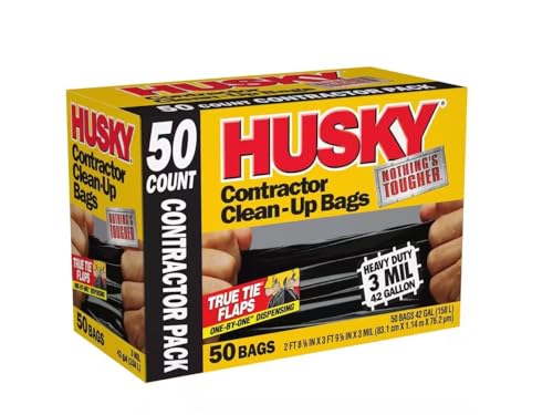 42 Gallon Heavy Duty Clean-Up Trash Bags – 50 Count, 3 Mil Thick, Tear & Puncture Resistant, Flap Tie Closure – Contractor, Commercial, Home Use – Black Garbage Bags