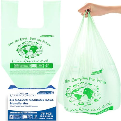 BEIDOU-PAC 4-6 Gallon Compostable Trash Bags, 75 Count, Kitchen Compost Bags With Handle, Sturdy Garbage Bags for Food Scrap Waste, ASTM D6400, US BPI Certified - style: Handle | 4-6 Gallon | 75 Count