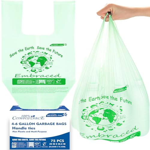 BEIDOU-PAC 4-6 Gallon Compostable Trash Bags, 75 Count, Kitchen Compost Bags With Handle, Sturdy Garbage Bags for Food Scrap Waste, ASTM D6400, US BPI Certified - style: Handle | 4-6 Gallon | 75 Count