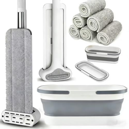 Flat Mop & Bucket Set with 6 Reusable Pads | Foldable Hands-Free, Microfiber, Wet/Dry Use, For Tile, Laminate, Wood Floors, Walls, Windows