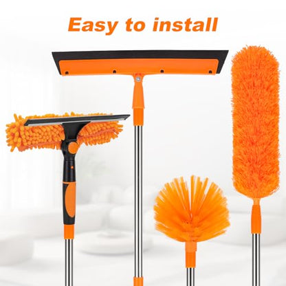 Cobweb Duster Kit and Window Squeegee Cleaner Tool with Extension Pole: 165 Inch 4-in-1 High Ceiling Dusting and Window Cleaning Kit - Cobweb Duster and Feather Duster