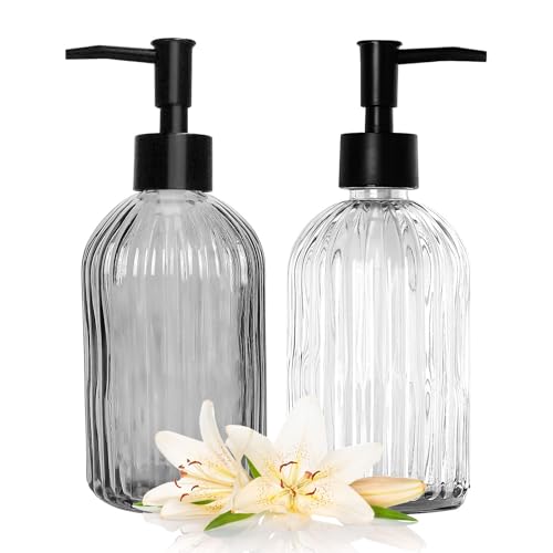 Black & Clear Glass Soap Dispenser with Plastic Pump, 13.5oz Vertical Stripe Design Hand Soap Dispenser for Dish Wash, Refillable Lotion Dispenser for Bathroom and Kitchen - color: Transparent Black & Clear