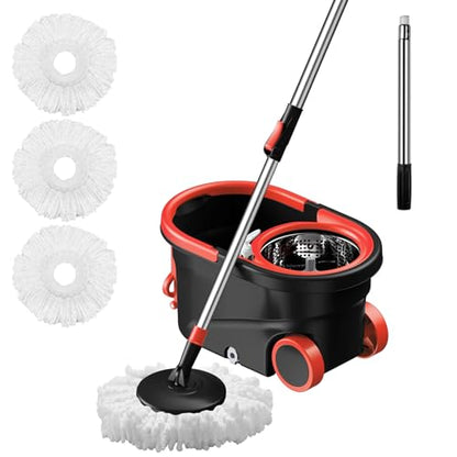 Spin Mop and Bucket with Wringer Set, 360° Rotating Head Mop Bucket System with 3 Microfiber Mop Refills Wet and Dry Suitable for Office and Home Use, Green (Black-Plus) - color: Black-plus