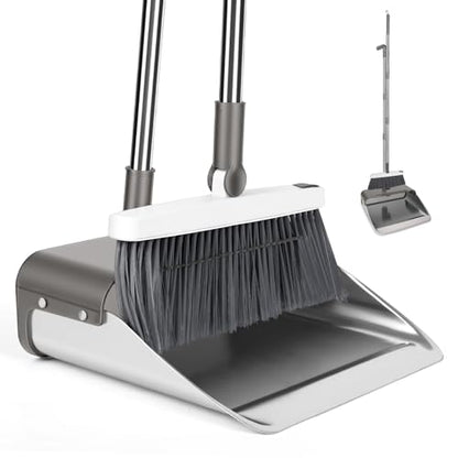 Broom with Dustpan Combo Set, Heavy Duty Standing Metal Dust Pan with Teeth, Indoor Outdoor Up for Home Kitchen Lobby Room Office, Grey - color: Gray