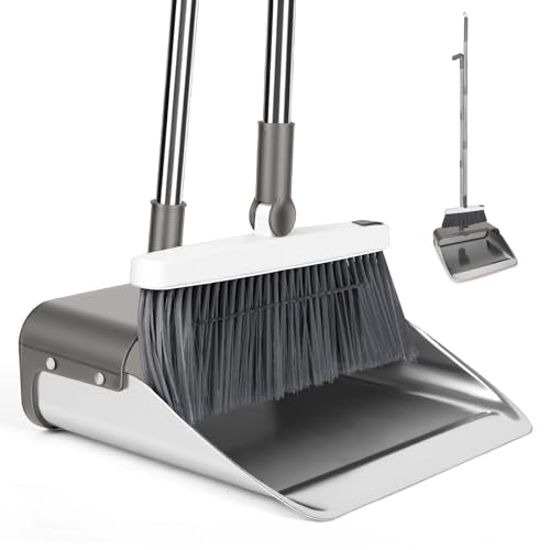 Broom with Dustpan Combo Set, Heavy Duty Standing Metal Dust Pan with Teeth, Indoor Outdoor Up for Home Kitchen Lobby Room Office, Grey - color: Gray
