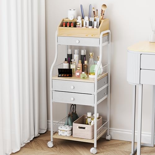 HapiRm Floor Makeup Organizer Cart - Vanity Skincare Beauty Organizers Makeup Storage with Drawers, Cosmetics Display Cases Holder Nail Cart for Hair Accessories Polish Perfume Make up Brush - color: Natural