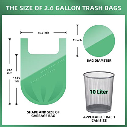 2.6 Gallon Trash Bag 150 Count, Unscented Strong Handle Tie Garbage Bags Fit 10 Litter Trash Can, Three Colors for Kitchen, Bathroom, Bedroom, Office (Green, White, Black)