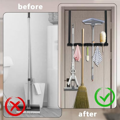 Broom Holder Over the Door with Hooks, Wall Mount Mop and Broom Holder, Stainless Steel Hanging Over the Door, Easy to Install Broom Storage Tool Organizer for Garage Closet Laundry