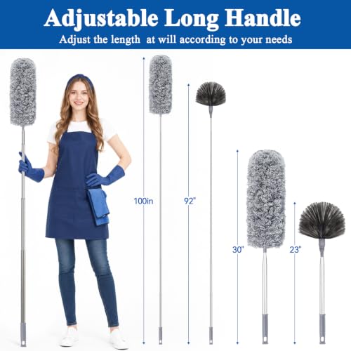 Cobweb Duster with Extension Pole 100 inches, Dusters for Cleaning with 2 Duster Heads, Washable Microfiber Feather Duster for Cleaning Ceiling Fan, High Ceiling, Blinds, Furniture & Cars - color: 2pc-gray