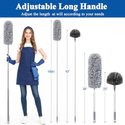 Cobweb Duster with Extension Pole 100 inches, Dusters for Cleaning with 2 Duster Heads, Washable Microfiber Feather Duster for Cleaning Ceiling Fan, High Ceiling, Blinds, Furniture & Cars - color: 2pc-gray