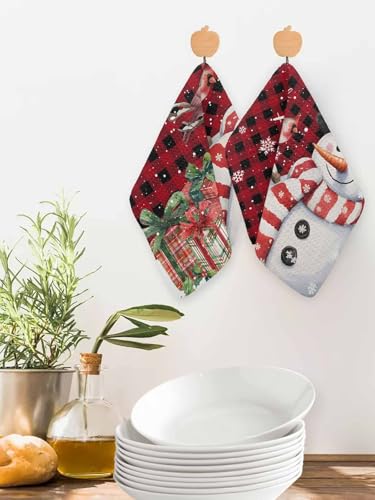 Buffalo Christmas Dish Towels Set, Waffle Weave Kitchen Towels 2 Pieces, Red Snowman Snowflake Microfiber Hair Face Bath Tea Towel Absorbent Quick Drying Cleaning Dish Cloths, 12"x12" - color: Red Black, size: 2PCS,12"x12"