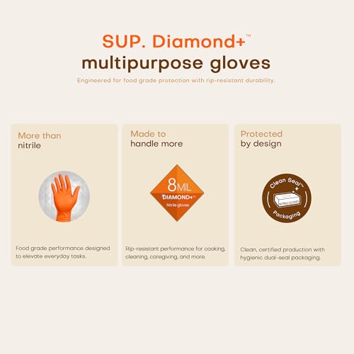 SUPER+ HEAVY DUTY Nitrile Gloves 8 Mil Diamond Texture Disposable Chemical Resistant Powder &Latex Free Food Safe Orange 50Ct - color: Smal (Orange)