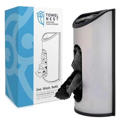 TowelNest Microfiber Cloth Dispenser | 15 Reusable Cloths (Black) | Eco-Friendly Paper Towel Alternative | Absorbent & Washable | Wall/Cabinet Mount (3M Adhesive & Screws Included) - color: Black, size: Dispenser + 15 Cloths