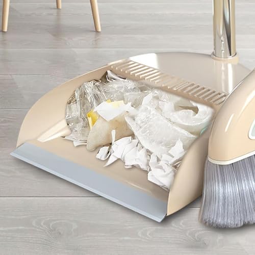 Broom and Dustpan Set, Long Handle Broom with Stand Up Dustpan Combo Set, Light Weight Stainless Steel Poles Stand Upright Dustpans and Broom Set, Broom with Dustpan for Home Kitchen Room - color: White
