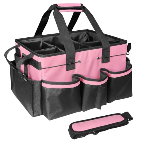 Cleaning Bags for Housekeepers, Large Cleaning Supplies Organizer with Handles & Shoulder Strap, Cleaning Caddy Bag with Foldable Divider for Cleaners, Car Horse Cleaning Bag(Pink) - color: Pink