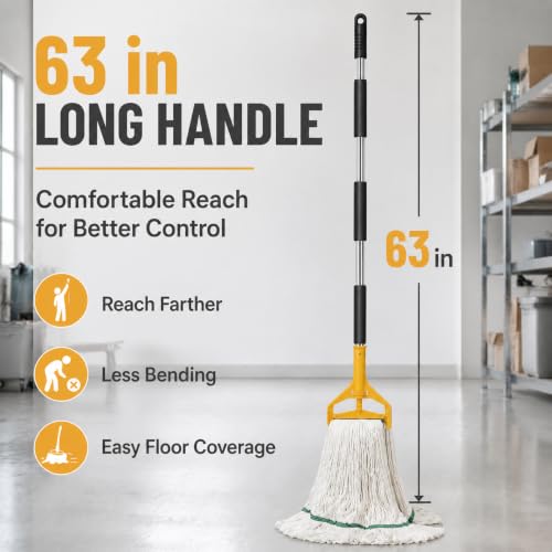 2 Pack 20 Oz Commercial Cotton Mop with 63” Stainless Steel Handle, Heavy Duty Industrial Wet Mop for Floor Cleaning, Commercial Grade Mop for Home, Office, Garage, Tile & Hardwood Floors