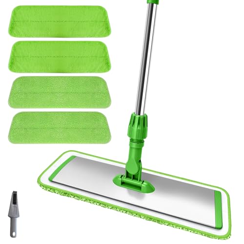 17.7" Microfiber Mop for Floor Cleaning, 59in Long Adjustable Stainless Steel Handle, 360° Rotating Large Flat Mops, 4 Washable Pads for Dry & Wet Cleaning for Hardwood, Vinyl, Laminate, Green
