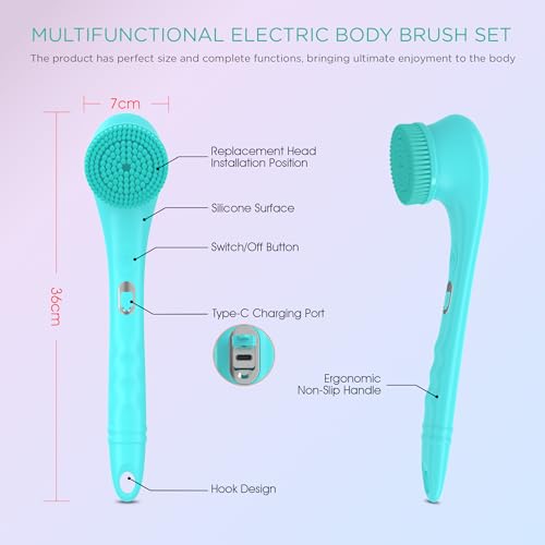 VOYOR Electric Body Brush Back Scrubber Silicone Body Scrubber Two-Way Rotating Brush Head for Deep Cleaning, Exfoliation, 4 Attachments Long Handle IPX6 Rechargeable Shower Brush BC300 (Blue) - color: Blue