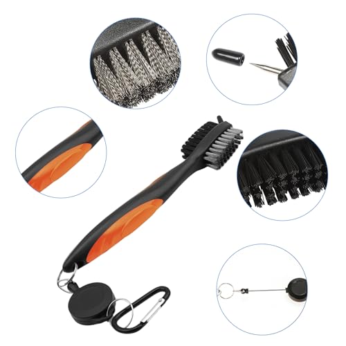 VIPMOON Golf Club Cleaner Kit, 2 Pcs Groove Sharpener Regrooving Tool and 1 Pcs Retractable Club Cleaner Brush, Portable Groove Sharpener Tool for All Golf Irons for Men - color: Gold