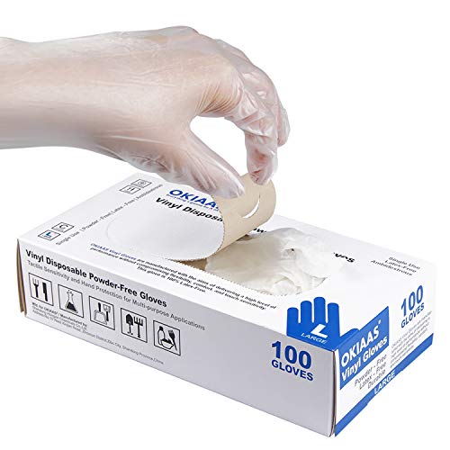 OKIAAS Disposable Gloves L, Food Safe| Latex-Free and Powder-Free Clear Vinyl Gloves for Cooking, Food Prep, Household Cleaning | Large,100 Counts/Box - color: Clear - Box of 100, size: Large (Pack of 100)