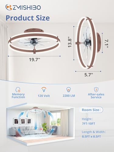 ZMISHIBO Ceiling Fans with Lights and Remote, 19.7'' Low Profile Ceiling Fan, 3000-6000K Dimmable Modern Flush Mount LED Fan Light, 6 Wind Speeds, Brown Fandelier Ceiling Fans for Bedroom - color: Brown, size: 19.7 INCH