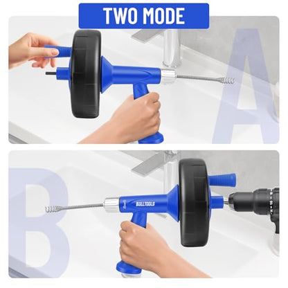 BULLTOOLS Drain Auger, 25FT Drain Clog Remover with Drill Adapter, Flexible Snake Drain Hair Removal Tool for Kitchen Sink, Bathtub, and Shower Comes with Gloves and Storage Bag