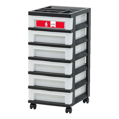 IRIS USA Craft Plastic Organizers and Storage, Rolling Storage Cart for Classroom Supplies, Storage Organizer for Art Supplies, Drawer Top Organizer for Small Parts, 6 Drawer, Black/Pearl - color: Black, size: 6 Drawer with Wheels