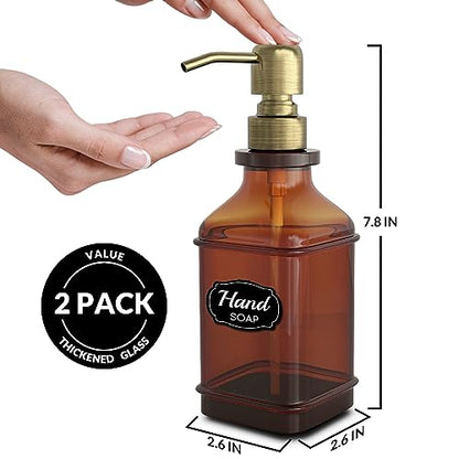 LMQML Soap Dispenser - 2 Pack, Antique Design Thick Amber Glass Hand Soap Dispensers with Sturdy Tray; 304 Rust Proof Stainless Steel Black Pump, 12Pcs Stickers, for Kitchen, Bathroom - Brushed Gold - color: Brushed Gold