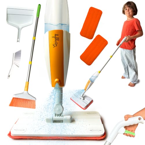 Quiggly Big Kid Toy Cleaning Set - Spray Mop, Broom, Dustpan, Ages 5-8 | Plus brush, one-hand squeeze & spray, Montessori cleaning 4-piece tool kit - size: Big Kid, style: Cleaning Set