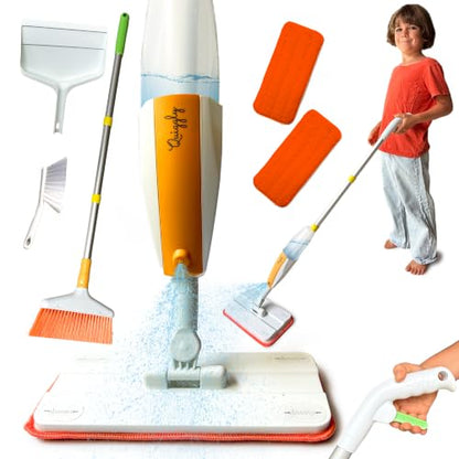 Quiggly Big Kid Toy Cleaning Set - Spray Mop, Broom, Dustpan, Ages 5-8 | Plus brush, one-hand squeeze & spray, Montessori cleaning 4-piece tool kit - size: Big Kid, style: Cleaning Set