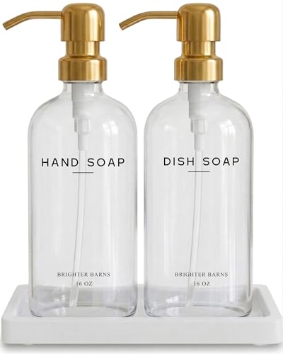 Luxury Glass Hand and Dish Soap Dispenser Set by Brighter Barns - Gold Kitchen Soap Dispenser Set with Stainless Steel Pumps and Ceramic Tray - Modern Kitchen Decor for Home, Airbnb, Gift (Clear/Gold) - color: Clear Gold Hd