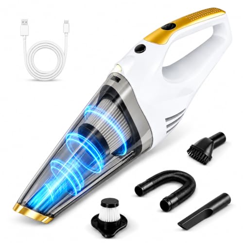 Handheld Vacuum Cordless Rechargeable, Portable Car Vacuum Cleaner | Strong Suction Hand Vacuum with LED Light, Washable Filters and Attachments for Car, Pet Hair, Home and Office