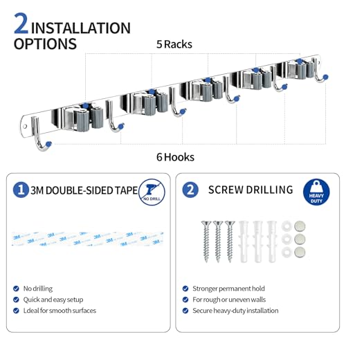 5 Racks and 6 Hooks Mop and Broom Holder Wall Mount, 304 Stainless Steel Broom Hanger Organizer for Home Kitchen Garden Laundry Garage - size: 5 Racks 6 Hooks