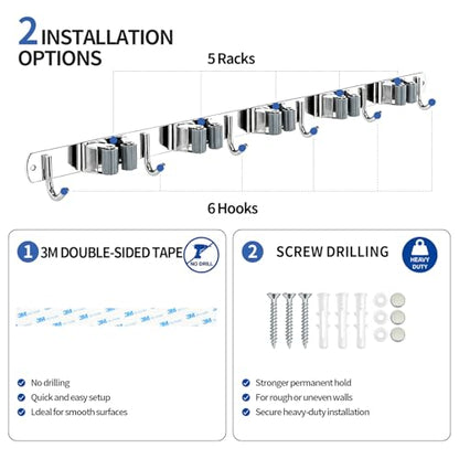 5 Racks and 6 Hooks Mop and Broom Holder Wall Mount, 304 Stainless Steel Broom Hanger Organizer for Home Kitchen Garden Laundry Garage - size: 5 Racks 6 Hooks
