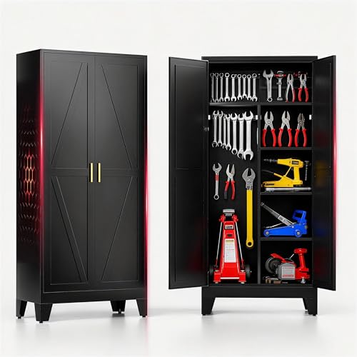 71" H Metal Garage Storage Cabinets,Broom Closet Storage Cabinet,Utility Cabinet,Black Storage Cabinets - color: Black, size: 71"H-2