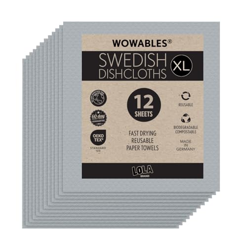 Swedish Dishcloths for Kitchen XL, 12 Sheet Roll, Biodegradable & Compostable, Reusable Paper Towel Cleaning Cloths, 11" x 10", No Odor, Washing Dishes, Ultra Absorbent Cellulose Sponge Towel, By LOLA - color: Battleship Gray, size: 12 Sheets