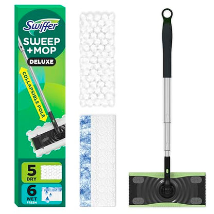 Swiffer Sweep & Mop Deluxe 2-in-1 Multi-Surface Kit for Floor Cleaning, Includes 1 Sweeper Device, 5 Dry Sweeping + 6 Wet Mopping Heavy Duty Cloths, Black - style: Sweep & Mop Deluxe