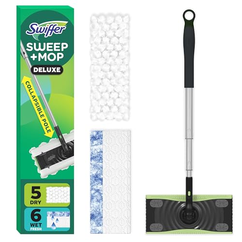Swiffer Sweep & Mop Deluxe 2-in-1 Multi-Surface Kit for Floor Cleaning, Includes 1 Sweeper Device, 5 Dry Sweeping + 6 Wet Mopping Heavy Duty Cloths, Black - style: Sweep & Mop Deluxe