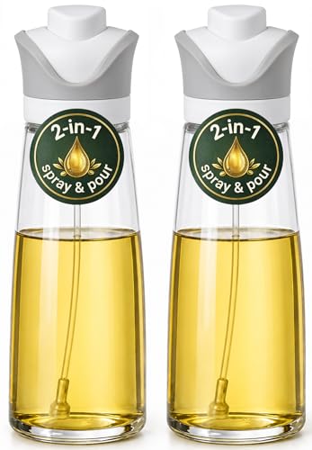 Olive Oil Dispenser for Kitchen 2-in-1 Pour and Spray | 11.5 oz / 340 ml | Glass Olive Oil Sprayer for Cooking, Airfryer, Salad & BBQ | Set of 2 Bottles, White - color: White