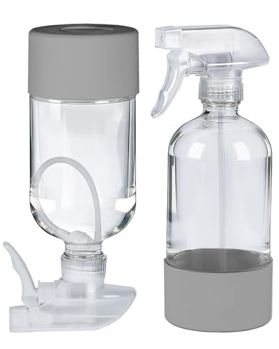 2 Pack 360° Glass Spray Bottles with Silicone Sleeve, 16 oz Empty Refillable Containers with Adjustable Spray Nozzles, Spray Bottles for Hair, Cleaning Solutions and Plants Grey - color: Gray