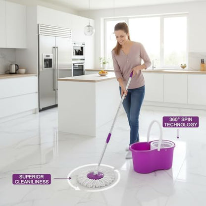 Mopping, 360° Microfiber Spin Mop with Bucket and Dual Mop Heads Self Wringing Spinning Mop Telescoping Handle Easy Floor Mop Floor Cleaning System for Home Kitchen Office Purple (US Stock)