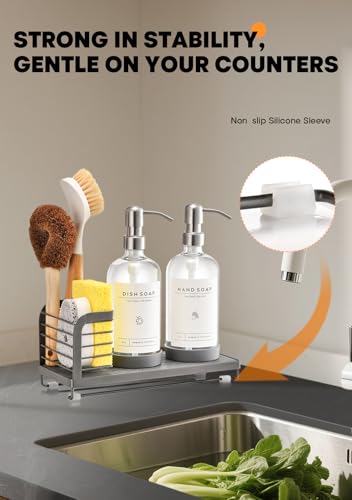 Kitchen Soap Dispenser Set with Drying Tray – 16oz Glass Bottles with Stainless Steel Pumps, Sink Organizer Caddy with Brush Holder & Non-Slip Feet – All-in-One Dish & Hand Soap Station - color: Grey Sink Caddy + Clear Bottle + Silver Pump