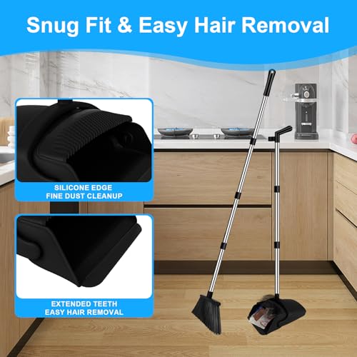 Broom with Dustpan Combo Set and Silicone Air Broom Kit, 51" Long Handle Floor Squeegee, Black Household Kit for Glass Window Rugs Pet Hair Home - color: Black