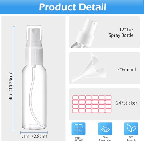 Zoizocp Spray Bottles, 1oz/30ml Clear Empty Fine Mist Plastic Mini Travel Bottle Set, Small Refillable Liquid Containers with 2pcs Funnels and 24pcs Labels (12 Pack) - color: 12pcs-Clear（BPA+TSA）-1oz