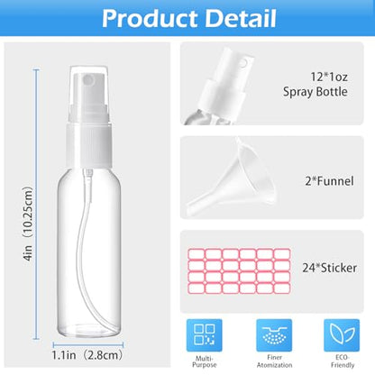 Zoizocp Spray Bottles, 1oz/30ml Clear Empty Fine Mist Plastic Mini Travel Bottle Set, Small Refillable Liquid Containers with 2pcs Funnels and 24pcs Labels (12 Pack) - color: 12pcs-Clear（BPA+TSA）-1oz