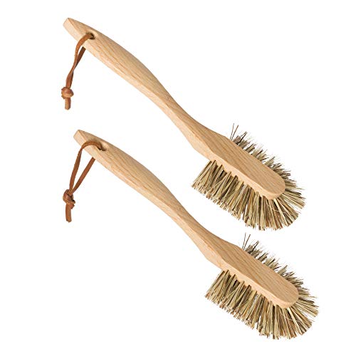REDECKER Curved Dish Brush, Natural Union Plant Fiber Bristles, Ergonomic Design with Oiled Beechwood Handle, 10-1/2 Inches, Set of 2, Made in Germany - Union Bristle Scrubber - size: Set of 2, 10-1/2-Inches