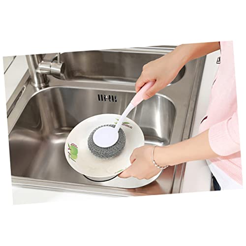 PartyKindom Pink Kitchen Cleaning Scrubber Dish Washing Brush Long Handle Steel Ball Brush for Easy Dish Cleaning - color: Pink