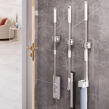 4 Pack Mop and Broom Holder Wall Mounted, Self Adhesive Broom Hanger Without Drilling, Non-Slip Tool Organizer Gripper for Home, Kitchen, Bathroom, Garden, Grey Cleaning Tool Hooks