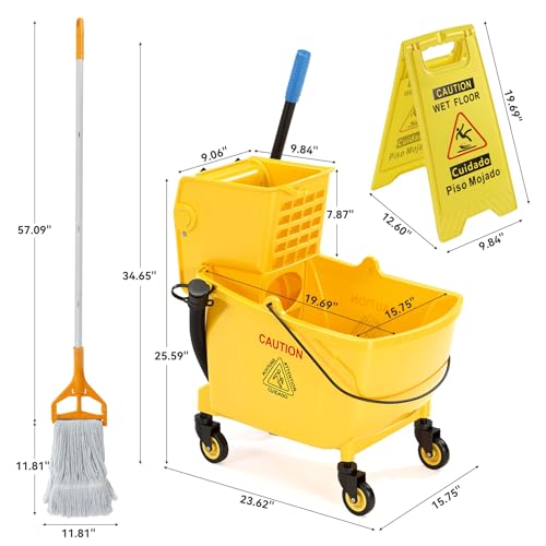 38 Qt Commercial Mop Bucket with Side Press Wringer on Wheels, Including Wet Floor Caution Sign, 1 Heavy Duty Industrial Mop, 1 Mop Head Replacement and a Pair of Gloves